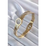 AlyaStore 316L Çelik Gold Renk Yaprak Model İşleme Detay Zirkon Taşlı Kadın Kelepçe