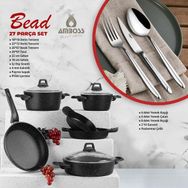Amboss Bead 27 Parça Döküm Granit Tencere ve Paslanmaz Çelik Çatal Bıçak Kaşık Takımı