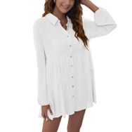 Aobiono Gömlek Uzun Kollu Fırfırlı Çiçekli Mini Beyaz 2XL Kadın Elbise