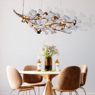 Apliqa Albany 10'lu Sıralı Sarı Yaş Boyalı Çiçek Görünümlü Yemek Masası Üstü Gold Modern Salon Avize