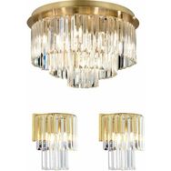 Apliqa Nilüfer Yuvarlak Eskitme 3 Parça Kristalli Taşlı Modern Tasarım Kristal Salon Avize-Aplik Seti