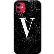 Apple iPhone 11 Siyah Mermer Desenli V Harfi Baskılı Uyumlu Silikon Kılıf