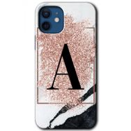 Apple iPhone 12 Pembe Mermer Desenli A Harfi Baskılı Uyumlu Silikon Kılıf