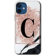 Apple iPhone 12 Pembe Mermer Desenli C Harfi Baskılı Uyumlu Silikon Kılıf