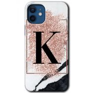 Apple iPhone 12 Pembe Mermer Desenli K Harfi Baskılı Uyumlu Silikon Kılıf