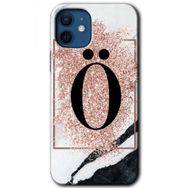 Apple iPhone 12 Pembe Mermer Desenli O Harfi Baskılı Uyumlu Silikon Kılıf
