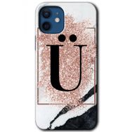Apple iPhone 12 Pembe Mermer Desenli U Harfi Baskılı Uyumlu Silikon Kılıf