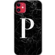 Apple iPhone 12 Siyah Mermer Desenli P Harfi Baskılı Uyumlu Silikon Kılıf