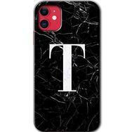 Apple iPhone 12 Siyah Mermer Desenli T Harfi Baskılı Uyumlu Silikon Kılıf