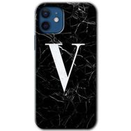 Apple iPhone 12 Siyah Mermer Desenli V Harfi Baskılı Uyumlu Silikon Kılıf