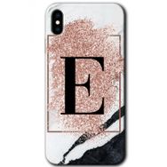 Apple iPhone X Pembe Mermer Desenli E Harfi Baskılı Uyumlu Silikon Kılıf