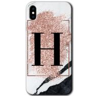 Apple iPhone X Pembe Mermer Desenli H Harfi Baskılı Uyumlu Silikon Kılıf