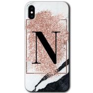Apple iPhone X Pembe Mermer Desenli N Harfi Baskılı Uyumlu Silikon Kılıf