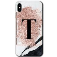 Apple iPhone X Pembe Mermer Desenli T Harfi Baskılı Uyumlu Silikon Kılıf