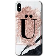 Apple iPhone X Pembe Mermer Desenli U Harfi Baskılı Uyumlu Silikon Kılıf