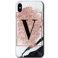 Apple iPhone X Pembe Mermer Desenli V Harfi Baskılı Uyumlu Silikon Kılıf