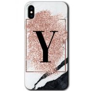 Apple iPhone X Pembe Mermer Desenli Y Harfi Baskılı Uyumlu Silikon Kılıf