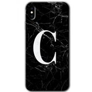Apple iPhone X Siyah Mermer Desenli C Harfi Baskılı Uyumlu Silikon Kılıf