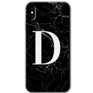 Apple iPhone X Siyah Mermer Desenli D Harfi Baskılı Uyumlu Silikon Kılıf