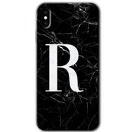 Apple iPhone X Siyah Mermer Desenli R Harfi Baskılı Uyumlu Silikon Kılıf