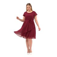 Apsen Textile 4337-110 Bisiklet Yaka Volan Detaylı Bordo Kadın Midi Şifon Elbise