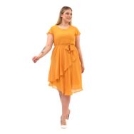 Apsen Textile 4337-110 Bisiklet Yaka Volan Detaylı Hardal Kadın Midi Şifon Elbise
