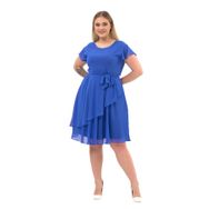 Apsen Textile 4337-110 Bisiklet Yaka Volan Detaylı Saks Kadın Midi Şifon Elbise