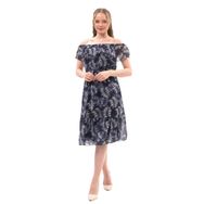 Apsen Textile 4448-115 Desenli Madonna Yaka Lacivert Kadın Midi Şifon Elbise