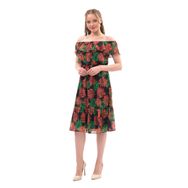 Apsen Textile 4448-115 Desenli Madonna Yaka Siyah Kadın Midi Şifon Elbise