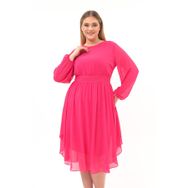 Apsen Textile 4466-120 Bisiklet Yaka Uzun Kol Detaylı Fuşya Kadın Midi Şifon Elbise