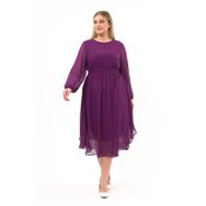 Apsen Textile 4466-120 Bisiklet Yaka Uzun Kol Detaylı Mor Kadın Midi Şifon Elbise