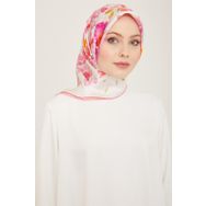 Armine 9127-09 Beyaz-Pembe Çiçek Desen Tivil İpek Eşarp