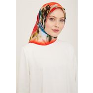 Armine 9133-36 Mercan-İndigo Çiçek Desen Tivil İpek Eşarp