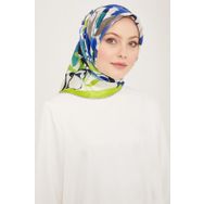 Armine 9153-81 Neon Yeşil-Lacivert Çiçek Desen Tivil İpek Eşarp