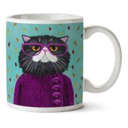 Art Hediye Hipster Kedi Mor Gözlük Hırka İki Tarafı Baskılı Kupa Bardak