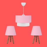 Art&Gift Ahşap Ayak Pembe Kumaş Başlık Yatak Odası Çocuk Odası Salon Üçlü Avize ve Abajur Seti