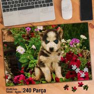 Asil Hobi Husky-Sevimli Köpek Yavrusu-Çiçekler Yapboz-Ayak Destekli Çerçeveli 240 Parça Puzzle