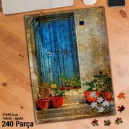 Asil Hobi Mavi Tahta Kapı-Saksıdaki Çiçekler Yapboz-Ayak Destekli Çerçeveli 240 Parça Puzzle