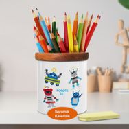 Asilmeydan 448896185 Sevimli Renkli Robotlar Ahşap Seramik Kalemlik