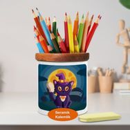 Asilmeydan 448948164 Hallowen Kostümlü Kedi Ahşap Seramik Kalemlik