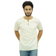 Atasi Kurta Kısa Pamuklu Kırık Beyaz Erkek T-shirt