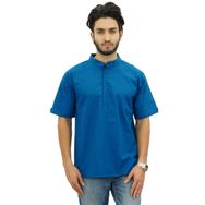 Atasi Kurta Mandarin Yaka Pamuklu Cam Göbeği Mavisi Erkek Gömlek
