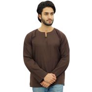 Atasi Kurta Yuvarlak Anahtar Deliği Yaka Kahverengi Erkek Gömlek