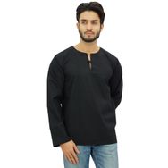 Atasi Kurta Yuvarlak Anahtar Deliği Yaka Siyah Erkek Gömlek