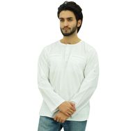 Atasi Kurta Yuvarlak Yaka Pamuklu Kıvrılabilir Kollu Beyaz Erkek Gömlek