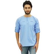Atasi Kurta Yuvarlak Yaka Pamuklu Kıvrılabilir Kollu Gök Mavisi Erkek Gömlek