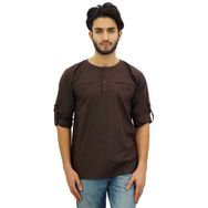 Atasi Kurta Yuvarlak Yaka Pamuklu Kıvrılabilir Kollu Kahverengi Erkek Gömlek