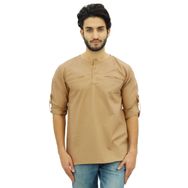 Atasi Kurta Yuvarlak Yaka Pamuklu Kıvrılabilir Kollu Kahverengi Light Brown Erkek Gömlek