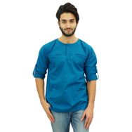 Atasi Kurta Yuvarlak Yaka Pamuklu Kıvrılabilir Kollu Mavi Teal Blue Erkek Gömlek