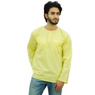 Atasi Kurta Yuvarlak Yaka Pamuklu Kıvrılabilir Kollu Sarı Erkek Gömlek